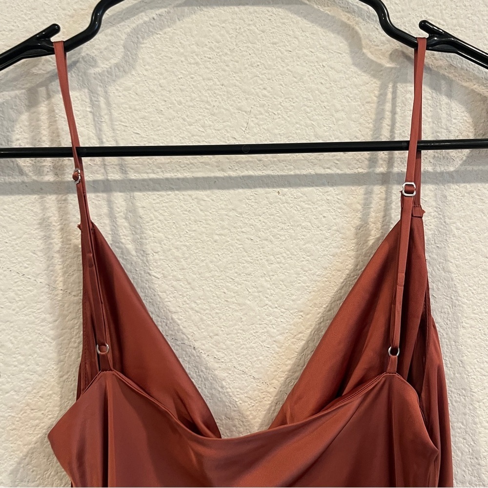 Aritzia Wilfred Only Ruched Slip Dress rust color mini dress cowl neck small - Picture 4 of 10